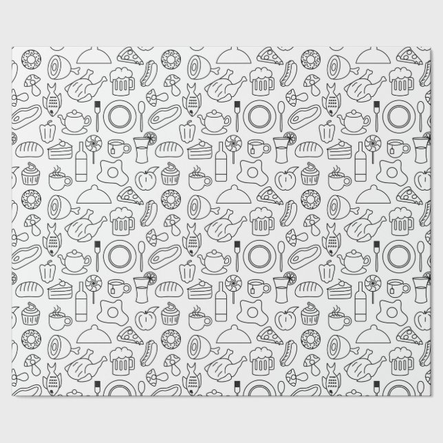 Food doodle black and white  wrapping paper (Seam)
