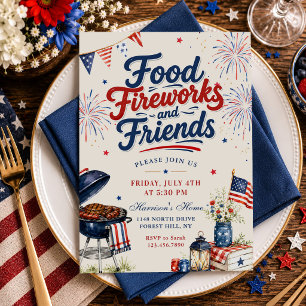Food Fireworks and Friends 4th of July BBQ Invitation