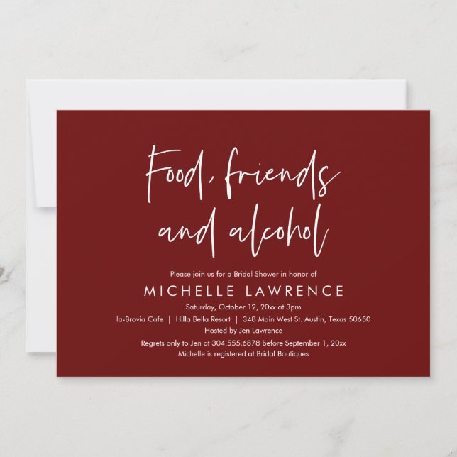 Food, Friends and Alcohol, Casual Bridal Shower In Invitation (Front)