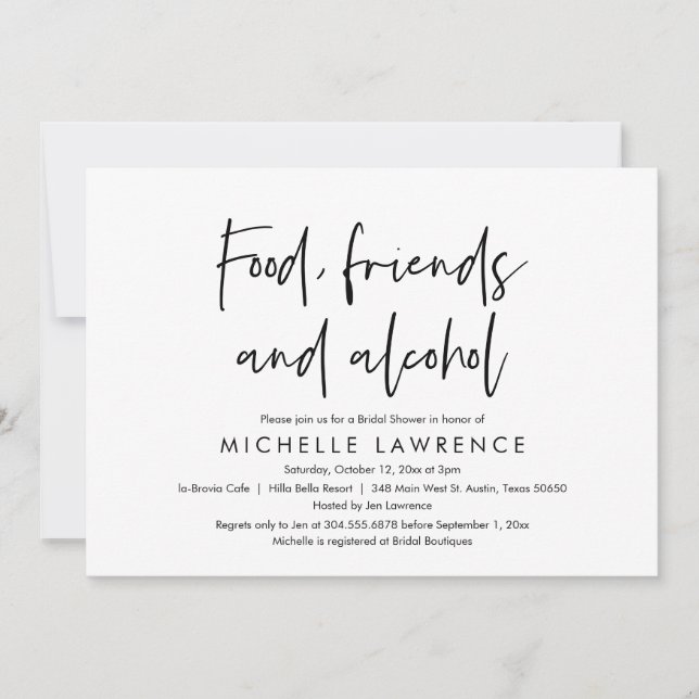 Food, Friends and Alcohol, Casual Bridal Shower Invitation (Front)