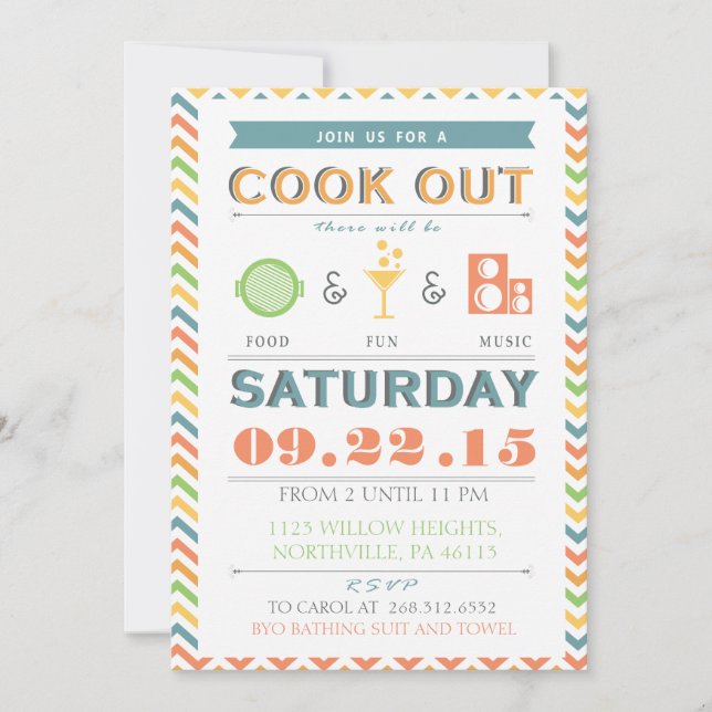 Food, Fun and Music Barbeque (BBQ) Cookout Invite (Front)