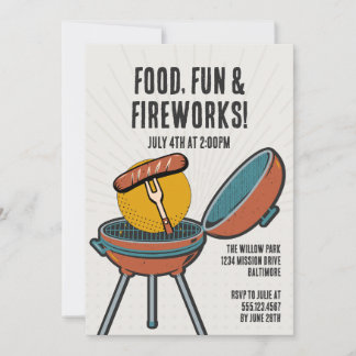 Food Fun Fireworks Barbecue 4th of July BBQ Party Invitation