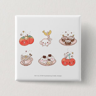 Food items displayed against white background 15 cm square badge