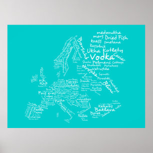 Food Map of Europe (Blue / Turquoise/ Teal / Aqua) Poster