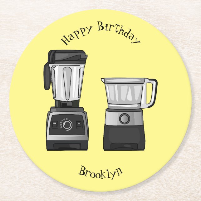 Food processor & blender cartoon illustration round paper coaster (Front)