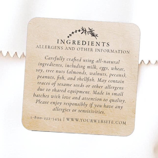 Food Safety Allergens Kraft Leaf Handmade Product Square Sticker (product packaging sticker artisan business blackboard handmade homemade ingredients kraft gift)