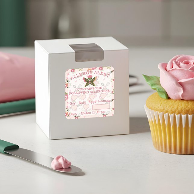 Food Safety Allergy Alert Bakery Butterfly Cupcake Square Sticker (Food Safety Allergy Alert Bakery Butterfly Cupcake Square Sticker)