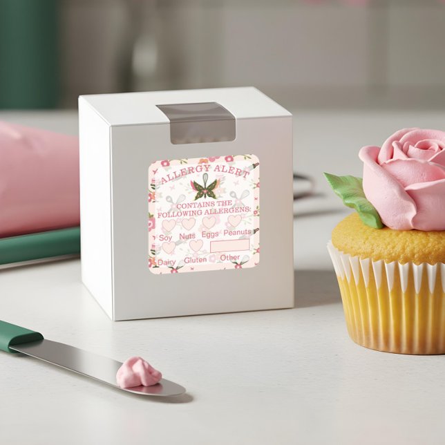 Food Safety Allergy Alert Bakery Butterfly Whisk Square Sticker (Food Safety Allergy Alert Bakery Butterfly Whisk Square Sticker)