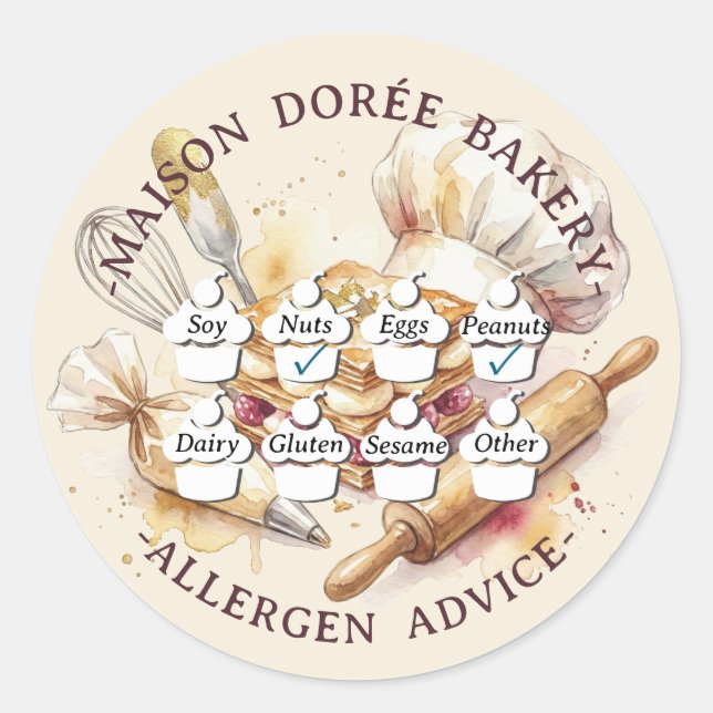 Food Safety Allergy Alert Bakery Pastry Chef Gold Classic Round Sticker (Front)