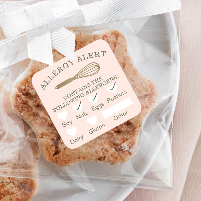 Food Safety Allergy Alert Gold Bakery Whisk Pink Square Sticker (Creator Uploaded)