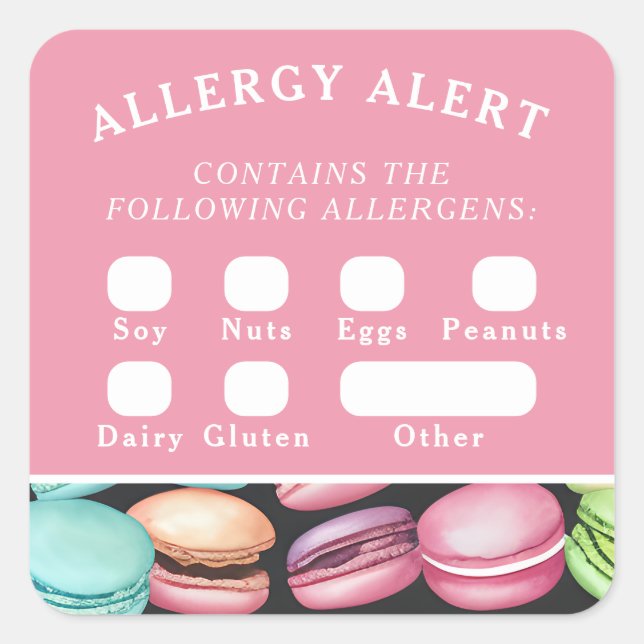 Food Safety Allergy Alert Macaron French Café Pink Square Sticker (Front)