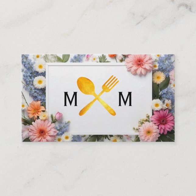 Food Utensils Logo | Colourful Flowers Background Business Card (Front)