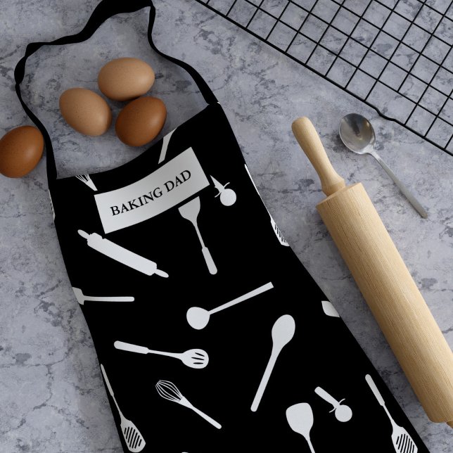 Foodie Dad Utensil Pattern Black and White Apron (Creator Uploaded)