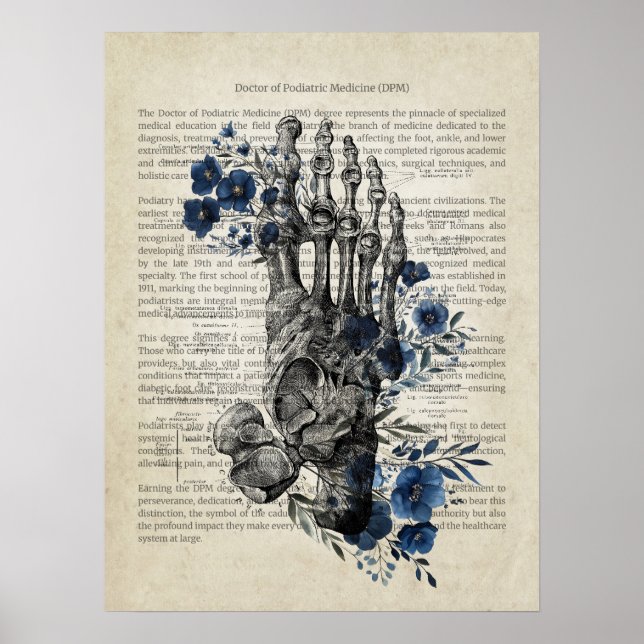Foot Anatomy with Blue Florals Poster (Front)