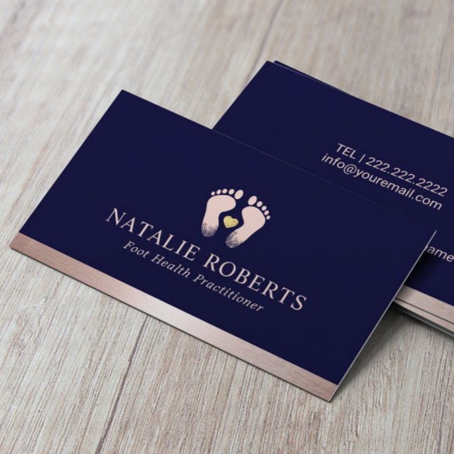 Foot Massage Podiatrist Rose Gold Border Navy Blue Business Card (Creator Uploaded)