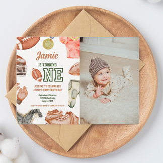 Football 1st Birthday Boys Watercolor Invitation