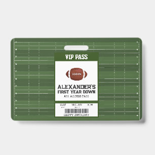 Football 1st Year Down Birthday Party VIP Pass ID Badge