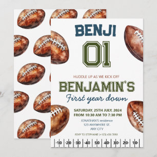 Football 1st Year Down Football BIrthday Party Invitation