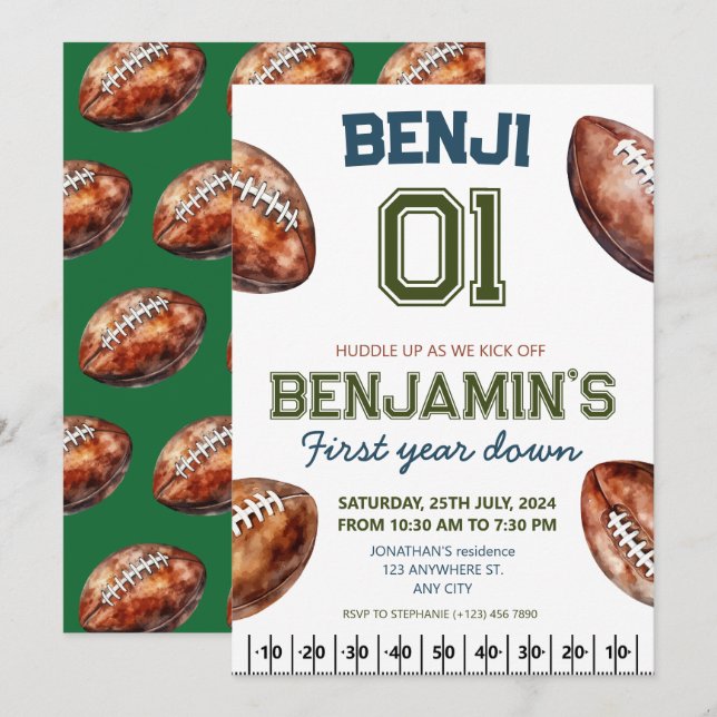 Football 1st Year Down Football BIrthday Party Invitation (Front/Back)