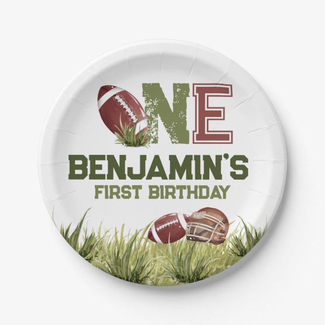 Football 1st Year Down Football BIrthday Party Paper Plate (Front)