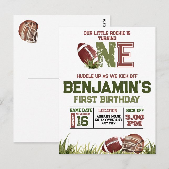 Football 1st Year Down Football BIrthday Party Postcard (Front/Back)