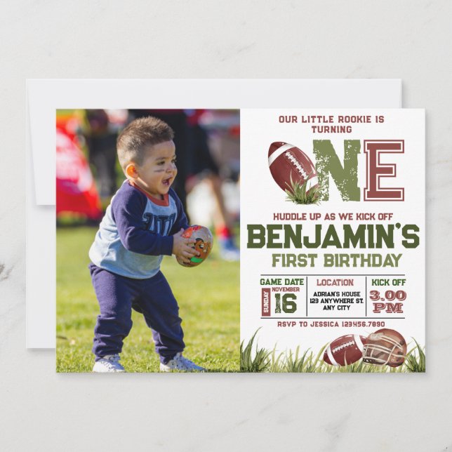 Football 1st Year Down Photo Birthday Party Invitation (Front)