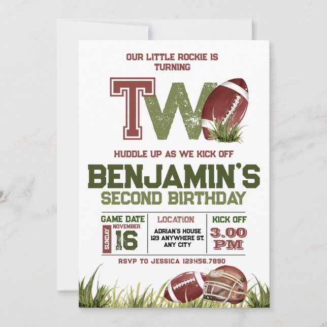 Football 2nd Year Down Football BIrthday Party Invitation (Front)