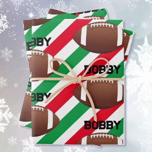 Football Add Name Christmas Fun Red & Green 3 Wrapping Paper Sheet