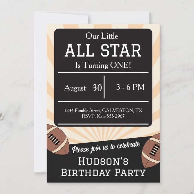Football All Star Sports Kids First 1st Birthday Invitation (Front)