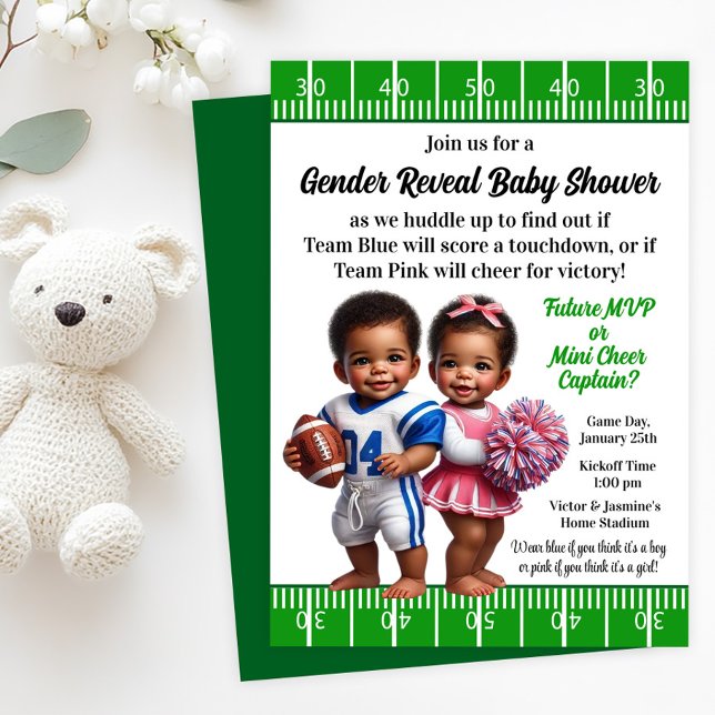 Football and Cheerleader Gender Reveal Invitation (Football and Cheerleader gender reveal invitation with adorable babies.)