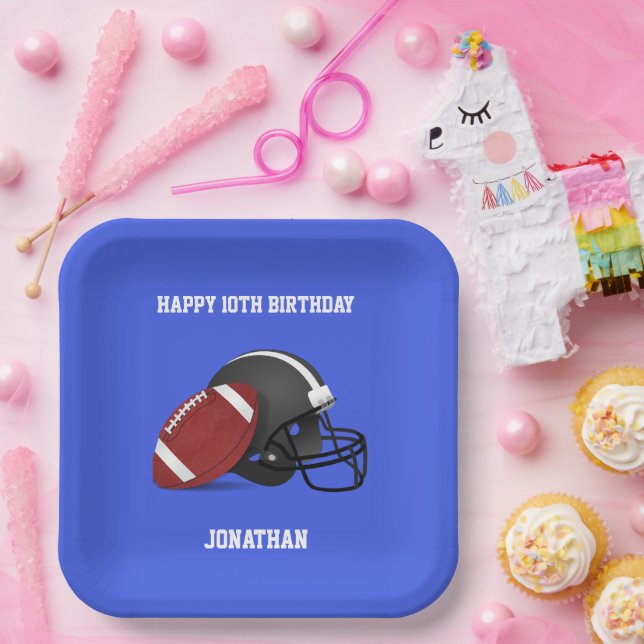 Football and Helmet Custom Blue Birthday Paper Plate (Party)