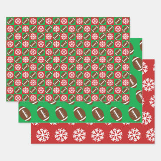 Football and Snowflake Red and Green Christmas Wrapping Paper Sheet