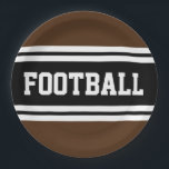 FOOTBALL Athletic Brown Black White Racing Stripes Paper Plate<br><div class="desc">This sporty,  athletic design features FOOTBALL text inside a highlighted wide black stripe with double white racing stripes against bold athletic brown background.   The text in this design can be personalised.</div>