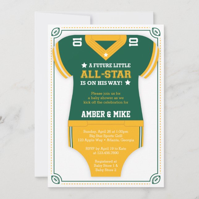 Football Baby Shower Invitation, Green, Gold Invitation (Front)