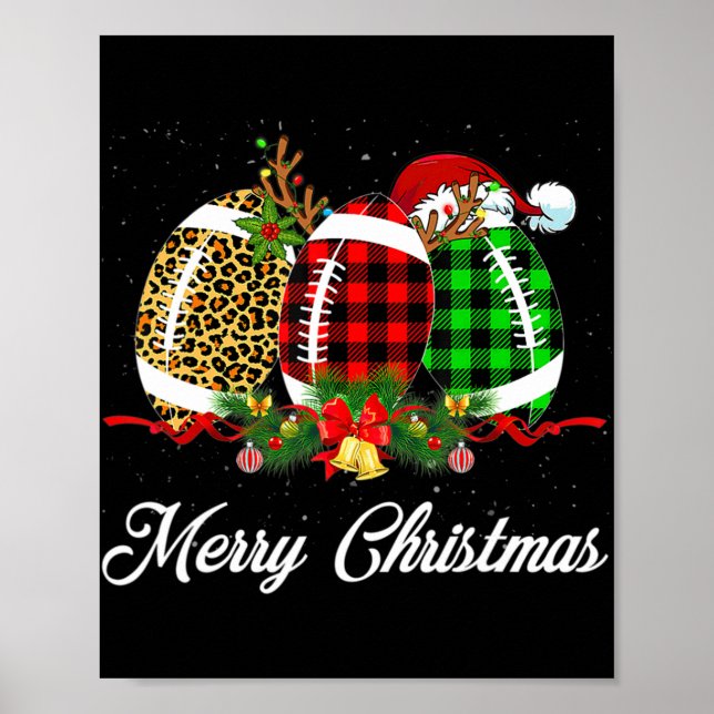 Football Ball Christmas Leopard Red Plaid Santa Ha Poster (Front)