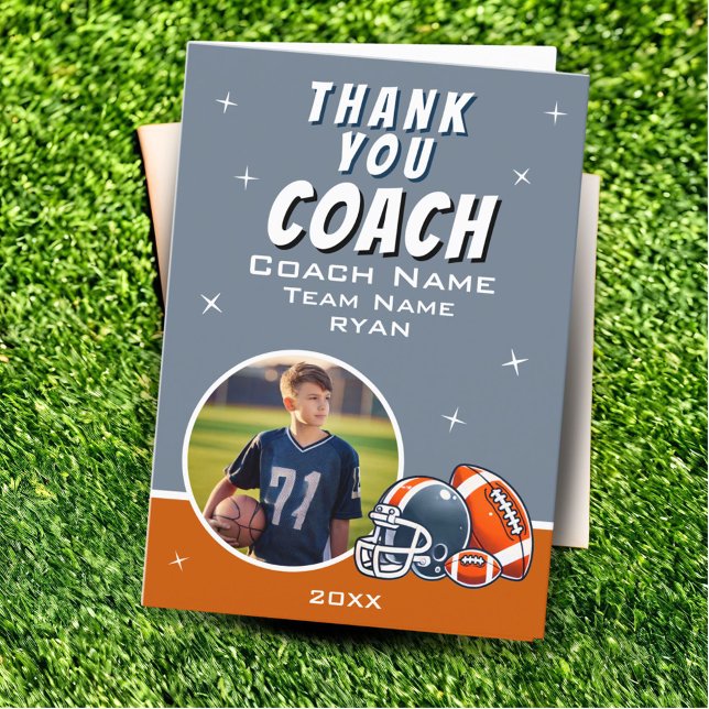Football Ball Helmet Cartoon Coach Photo Thank You Card (Creator Uploaded)