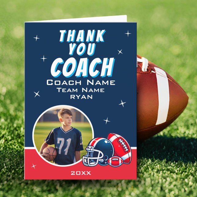 Football Ball Helmet Cartoon Coach Photo Thank You Card (Creator Uploaded)