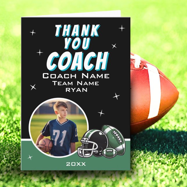 Football Ball Helmet Cartoon Coach Photo Thank You Card (Creator Uploaded)