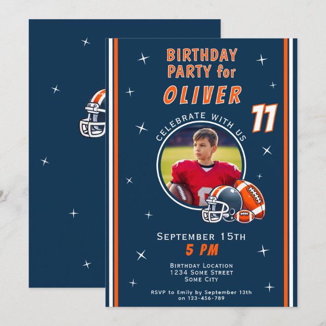 Football Ball Helmet Cartoon Photo Birthday Invitation (Front/Back)