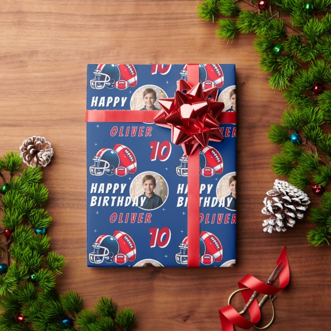 Football Ball Helmet Cartoon Photo Birthday Wrapping Paper (Holiday Gift)