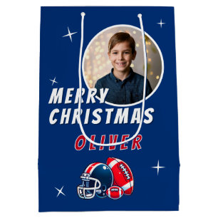 Football Ball Helmet Cartoon Photo Christmas Medium Gift Bag