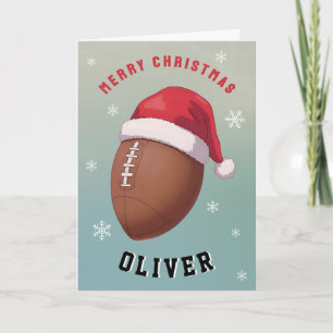 Football Ball with Red Santa Hat Name Christmas Holiday Card
