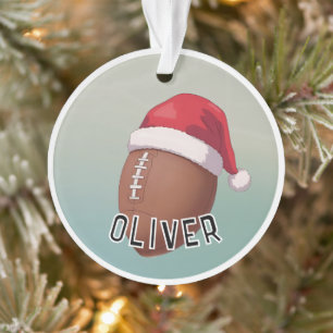 Football Ball with Red Santa Hat Name Christmas Ornament
