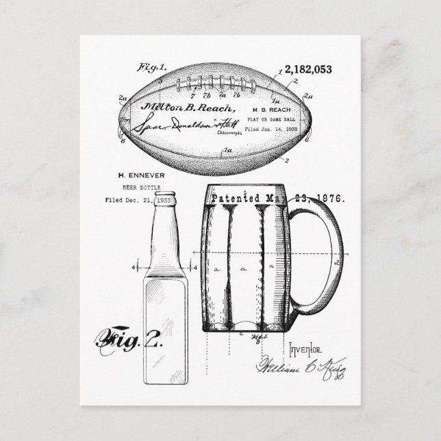 Football & Beer Mug, Bottle, Patent Blueprints Postcard (Front)