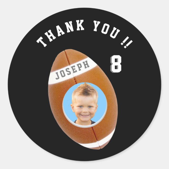 Football Birthday Custom Photo Thank You Classic Round Sticker (Front)