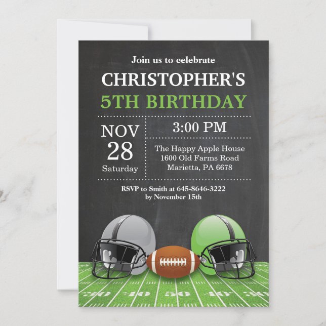 Football Birthday Invitation Birthday Party Green (Front)