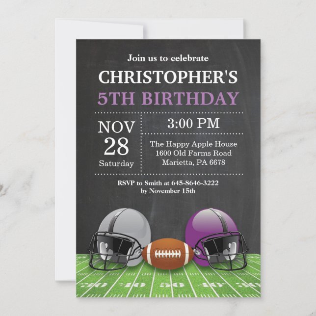 Football Birthday Invitation Birthday Party Purple (Front)