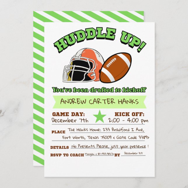 Football Birthday Invitations For Boys Huddle up ! (Front/Back)