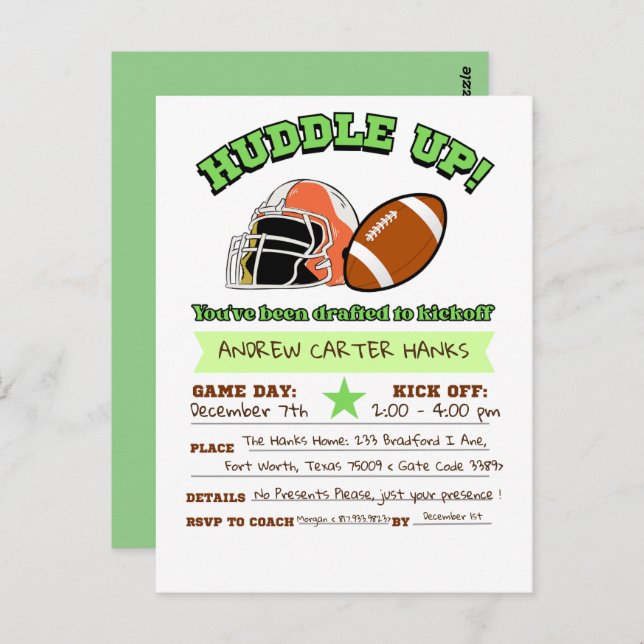 Football Birthday Invitations For Boys Huddle up ! (Front/Back)