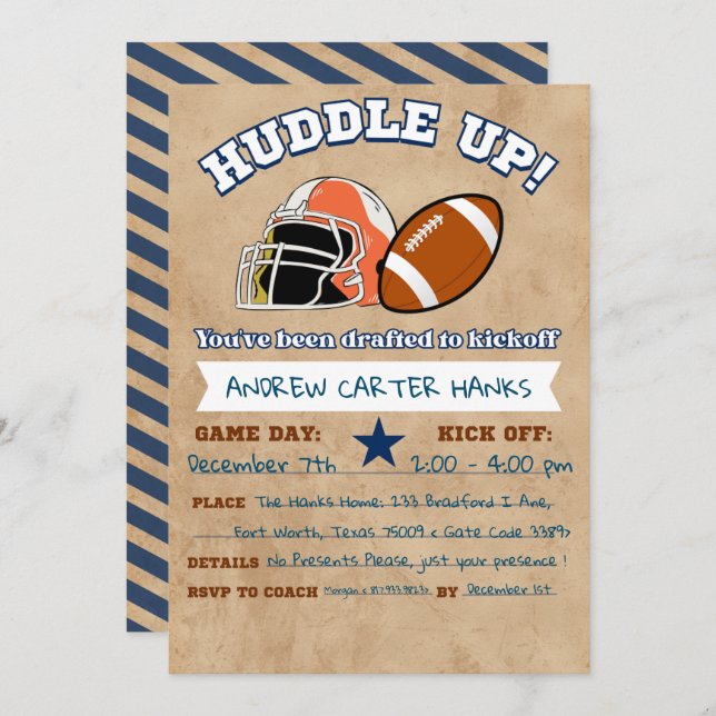 Football Birthday Invitations For Boys Huddle up ! (Front/Back)